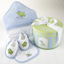 4 Piece Hat Box Bath Time Gift Set, Plush Towel,Frog Pattern