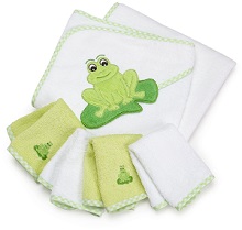Spasilk 100% Cotton Hooded Terry Bath Towel with 4 Washcloths Set Frog Green Baby Bath Towel
