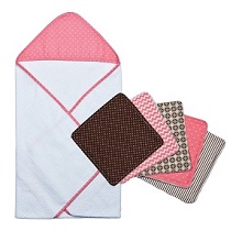Trend Lab Cocoa Coral Dot Hooded Baby Bath Towel and Wash Cloth Bouquet Set.