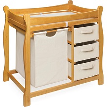 Badger Basket Sleigh Style Changing Table with Hamper and 3 Baskets, Honey Oak