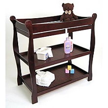 Sleigh Style Cherry Baby Changing Diaper Table with Shelves for storage.