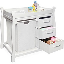 White Baby Changing Table with Hamper and Three Baskets